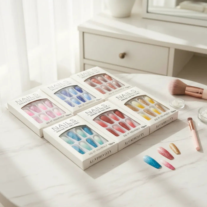 12 Set De Uñas Press On - Degrade Glitter Con Adhesivos