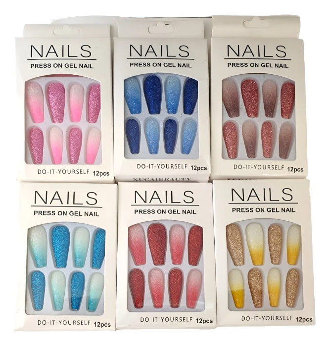 12 Set De Uñas Press On - Degrade Glitter Con Adhesivos