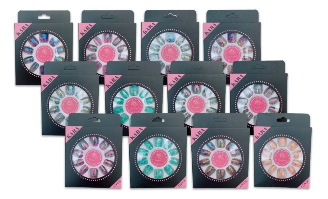 12 Set De Uñas Postizas Kara Efecto Mármol