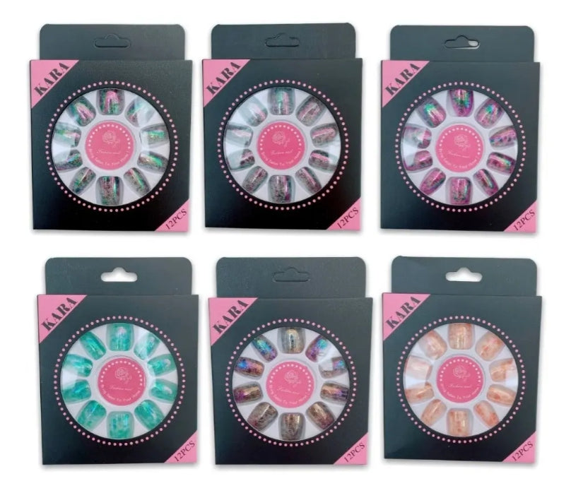 12 Set De Uñas Postizas Kara Efecto Mármol