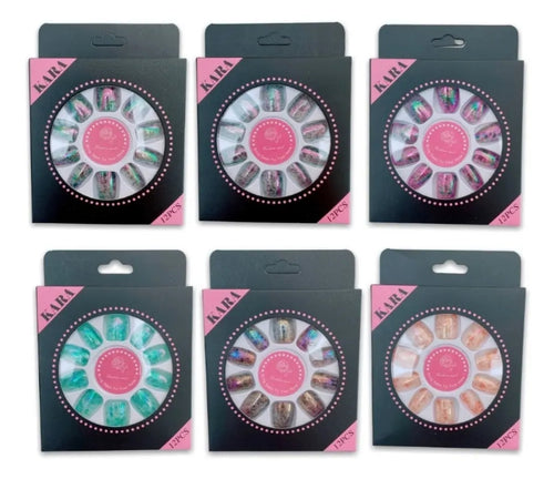 12 Set De Uñas Postizas Kara Efecto Mármol