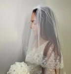 Velo Corto De Novia Blanco Encaje Doble Capa Con Peineta