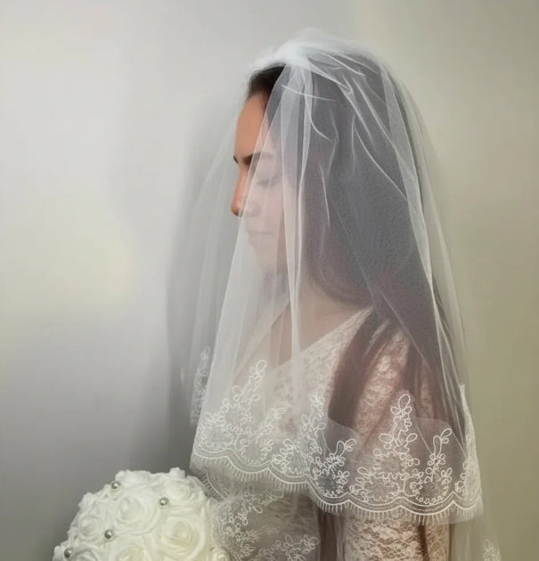 Velo Corto De Novia Blanco Encaje Doble Capa Con Peineta