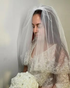 Velo Corto De Novia Blanco Encaje Doble Capa Con Peineta