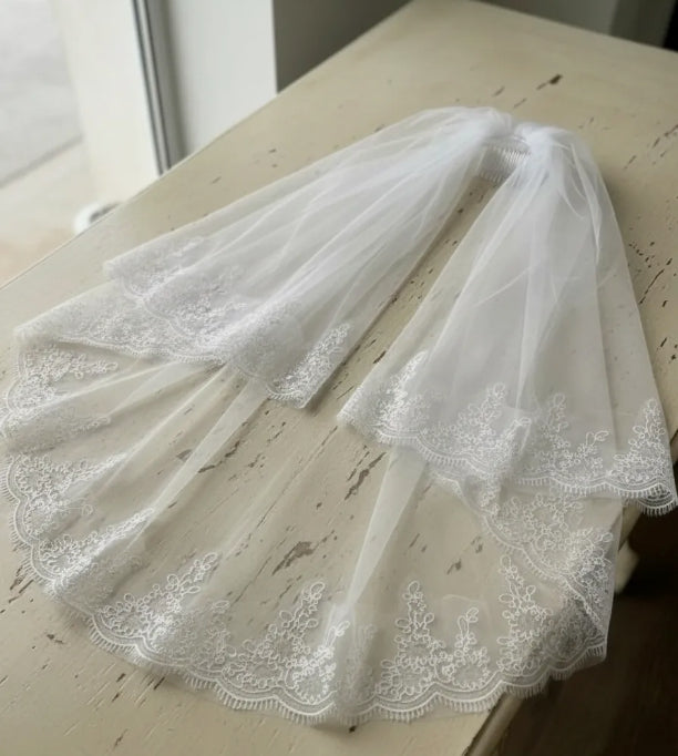 Velo Corto De Novia Blanco Encaje Doble Capa Con Peineta