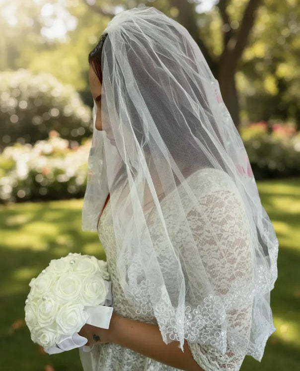 Velo Corto De Novia Blanco Flor Doble Capa Con Peineta
