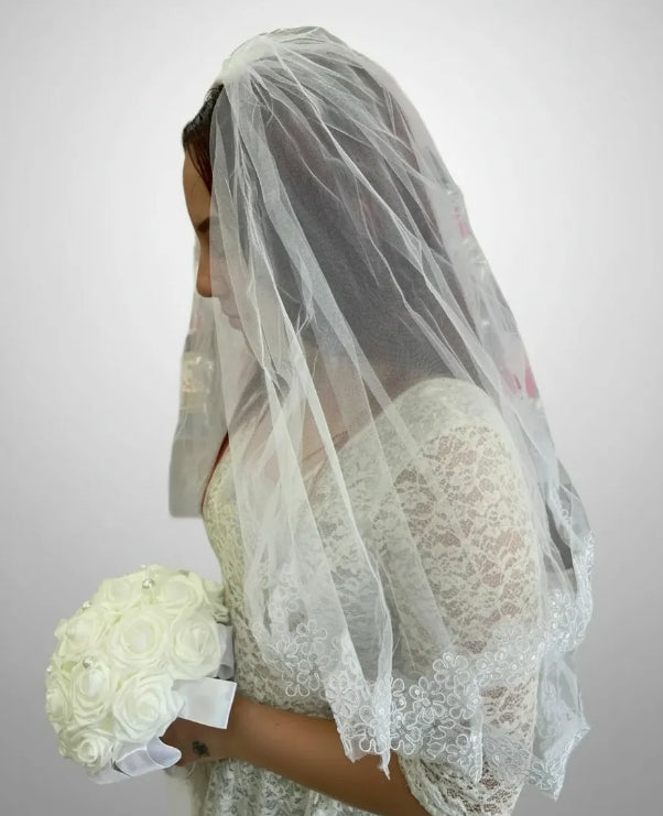 Velo Corto De Novia Blanco Flor Doble Capa Con Peineta