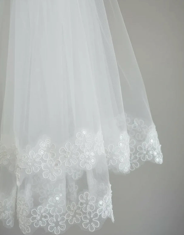Velo Corto De Novia Blanco Flor Doble Capa Con Peineta