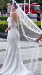 Velo Largo De Novia Blanco Doble Capa Con Encaje Con Peineta