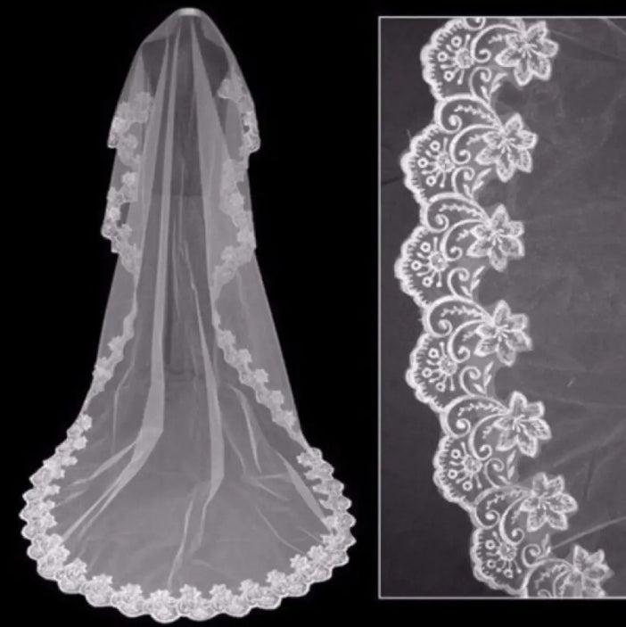 Velo Largo De Novia Blanco Doble Capa Con Encaje Con Peineta