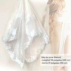 Velo Largo De Novia Blanco Doble Capa Con Encaje Con Peineta