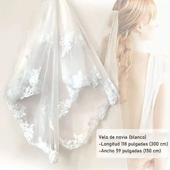 Velo Largo De Novia Blanco Doble Capa Con Encaje Con Peineta