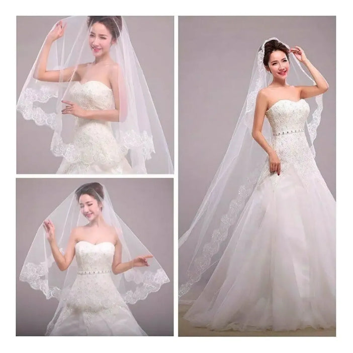 Velo Largo De Novia Blanco Doble Capa Con Encaje Con Peineta