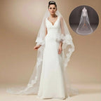 Velo Largo De Novia Blanco Doble Capa Con Encaje Con Peineta