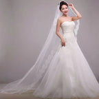 Velo Largo De Novia Blanco Doble Capa Con Encaje Con Peineta