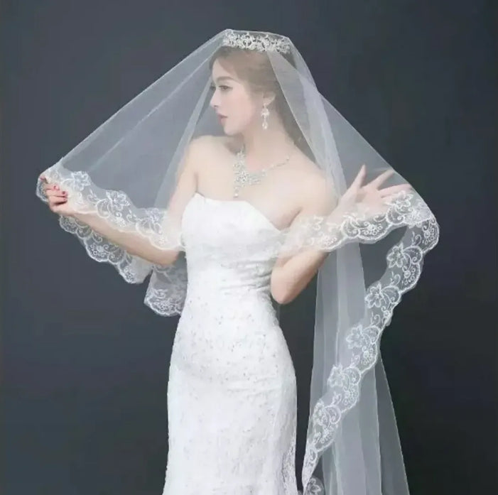 Velo Largo De Novia Blanco Doble Capa Con Encaje Con Peineta