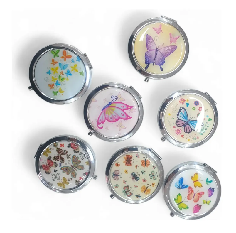 3 Espejos Metalico De Cartera Con Aumento Un Lado - Mariposa